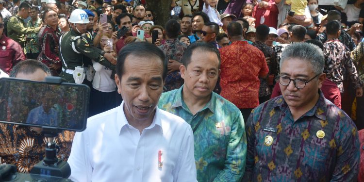 Pj Gubernur Mahendra Jaya Dampingi Presiden Jokowi Tinjau Harga Pangan di Pasar Bulan Gianyar
